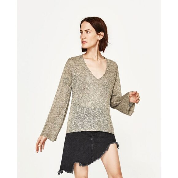 Zara Open Knit Thin V-Neck Long Sleeve Sweater - Picture 1 of 5